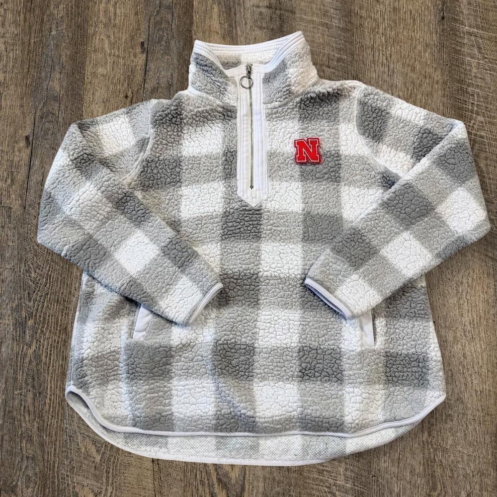 Nebraska Cornhuskers white and gray checkered fleece quarter zip sweatshirt